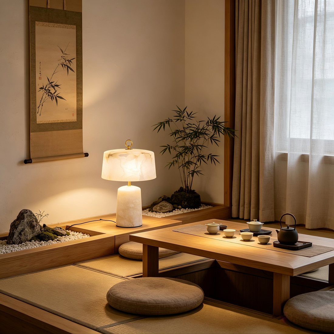 Sculpted Alabaster Drum Table Lamp