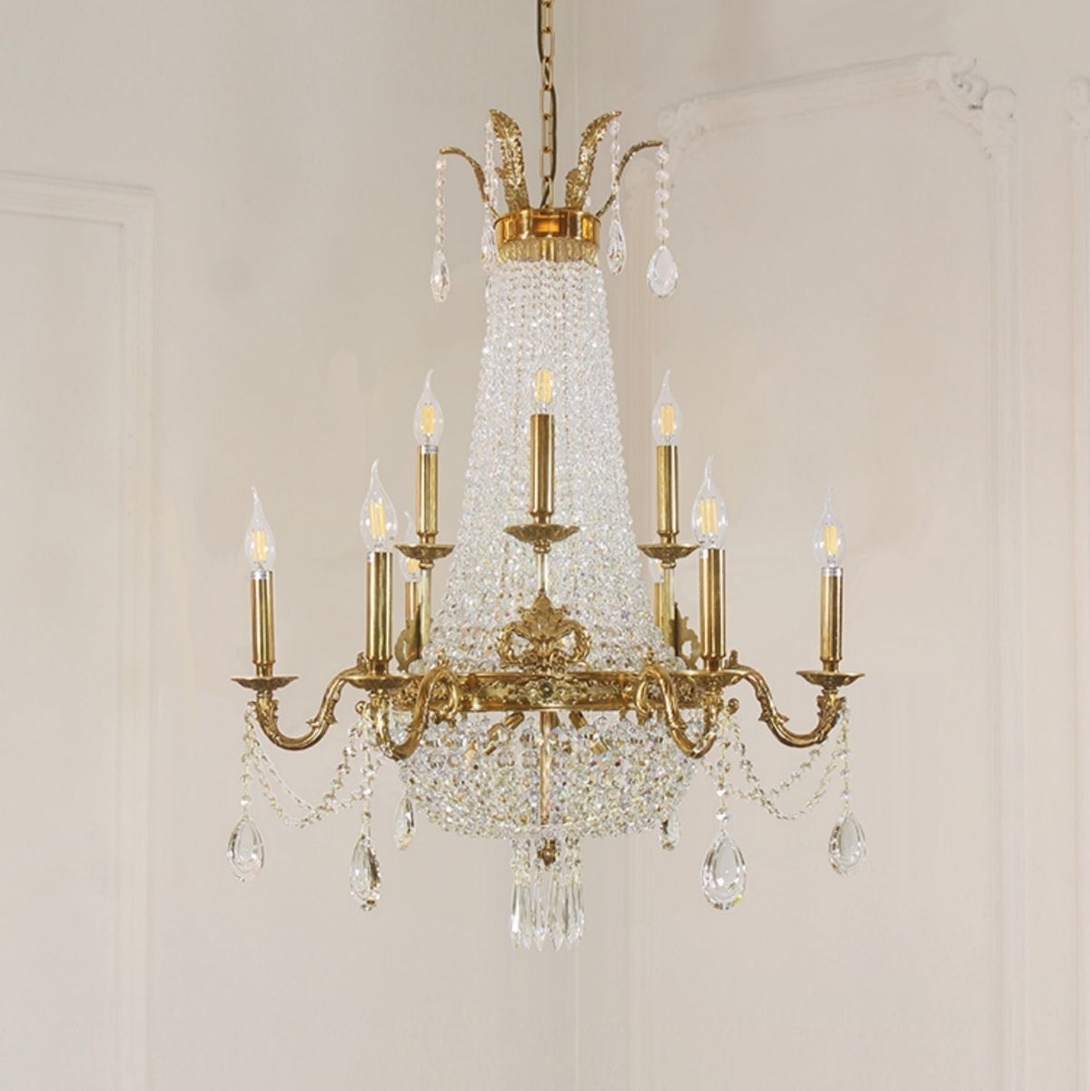 8/12/15 Lights Decorative Empire Brass Candles Crystal Chandelier Romantic Foyer Living Room Ceiling Light Fixture in Pure Copper Finish-Grace Lamp