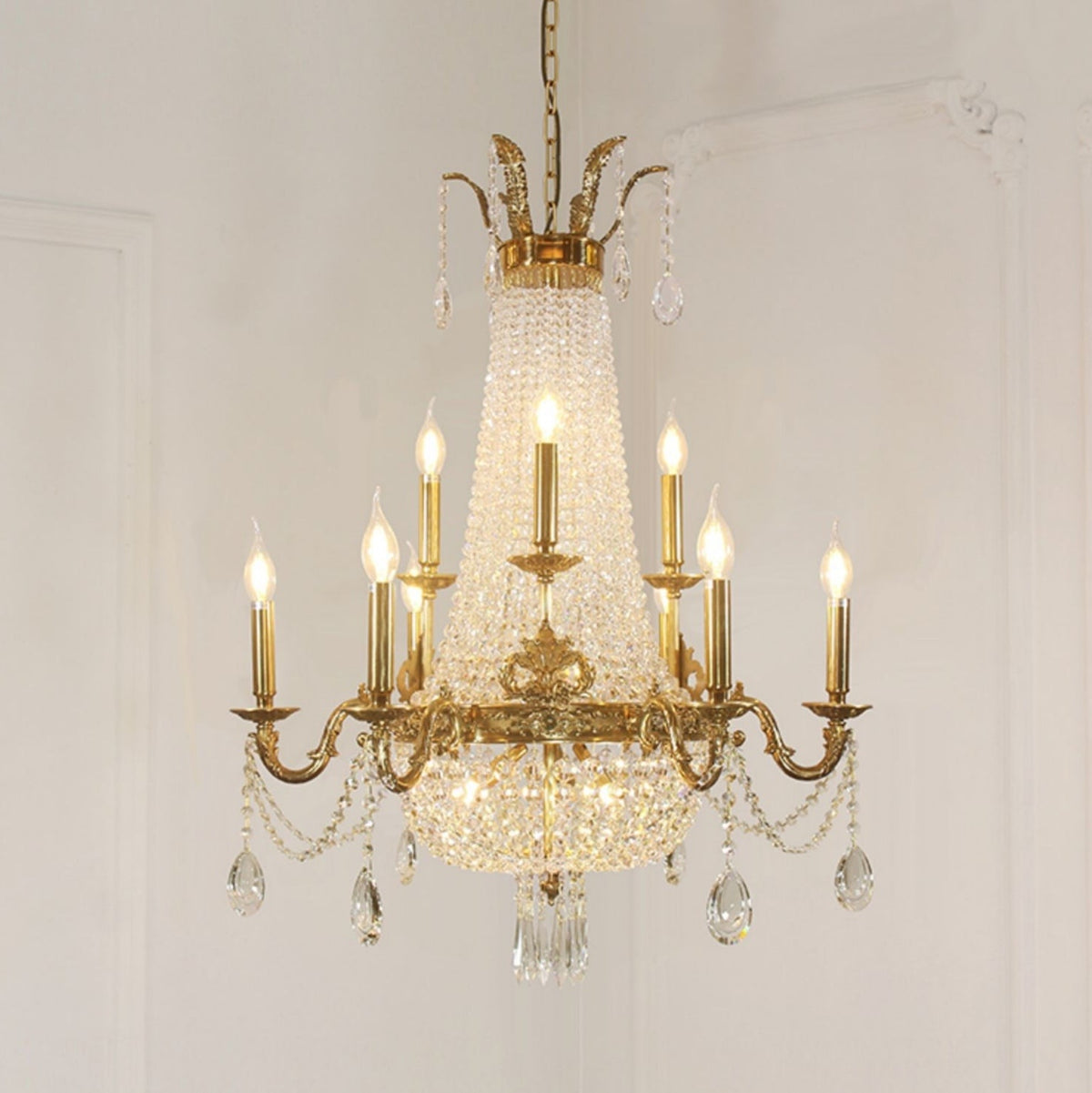 8/12/15 Lights Decorative Empire Brass Candles Crystal Chandelier Romantic Foyer Living Room Ceiling Light Fixture in Pure Copper Finish-Grace Lamp