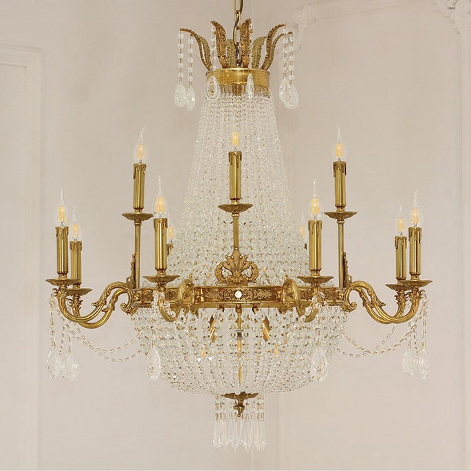 8/12/15 Lights Decorative Empire Brass Candles Crystal Chandelier Romantic Foyer Living Room Ceiling Light Fixture in Pure Copper Finish-Grace Lamp