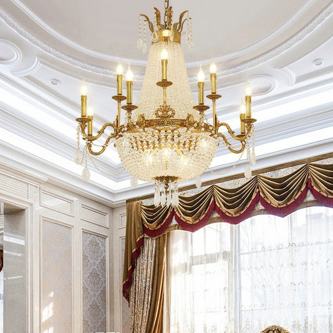 8/12/15 Lights Decorative Empire Brass Candles Crystal Chandelier Romantic Foyer Living Room Ceiling Light Fixture in Pure Copper Finish-Grace Lamp