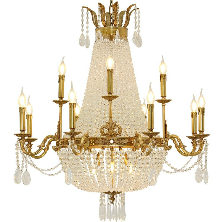 8/12/15 Lights Decorative Empire Brass Candles Crystal Chandelier Romantic Foyer Living Room Ceiling Light Fixture in Pure Copper Finish-Grace Lamp