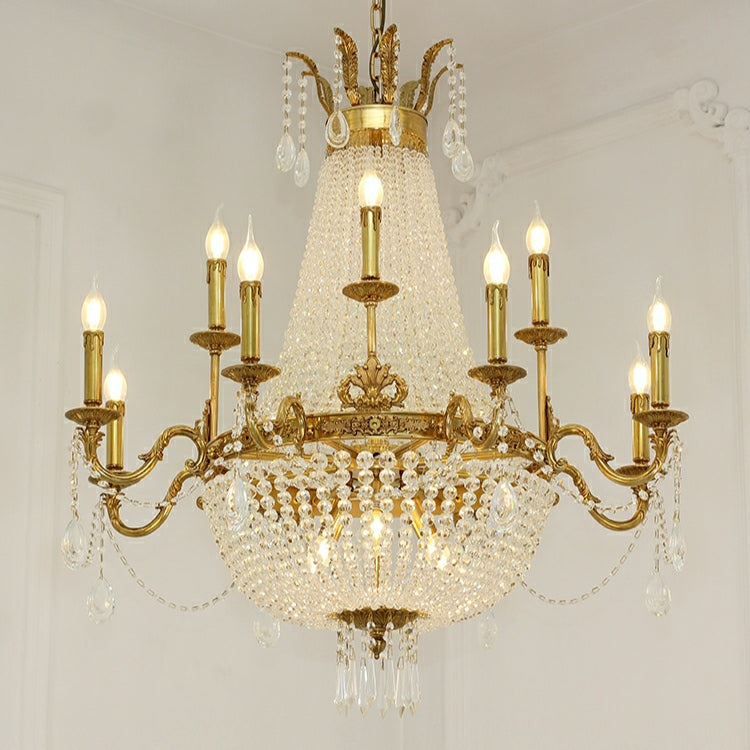 8/12/15 Lights Decorative Empire Brass Candles Crystal Chandelier Romantic Foyer Living Room Ceiling Light Fixture in Pure Copper Finish-Grace Lamp