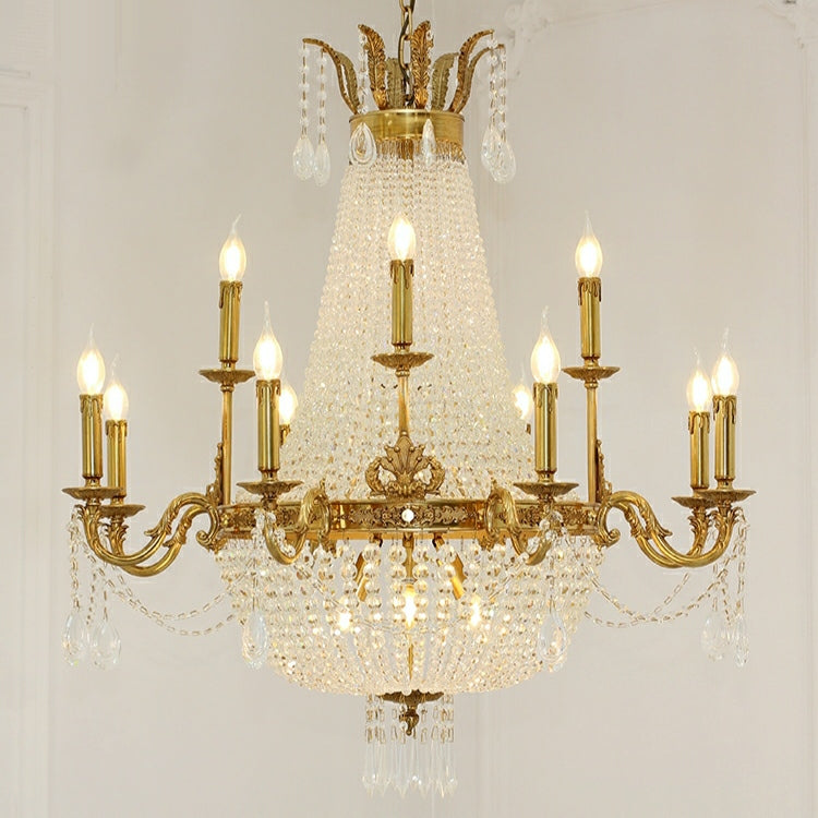 8/12/15 Lights Decorative Empire Brass Candles Crystal Chandelier Romantic Foyer Living Room Ceiling Light Fixture in Pure Copper Finish-Grace Lamp