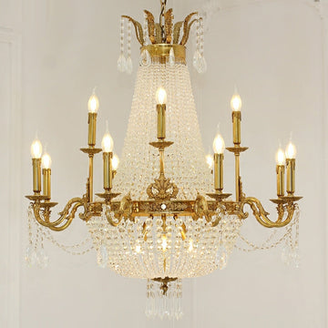 8/12/15 Lights Decorative Empire Brass Candles Crystal Chandelier Romantic Foyer Living Room Ceiling Light Fixture in Pure Copper Finish-Grace Lamp