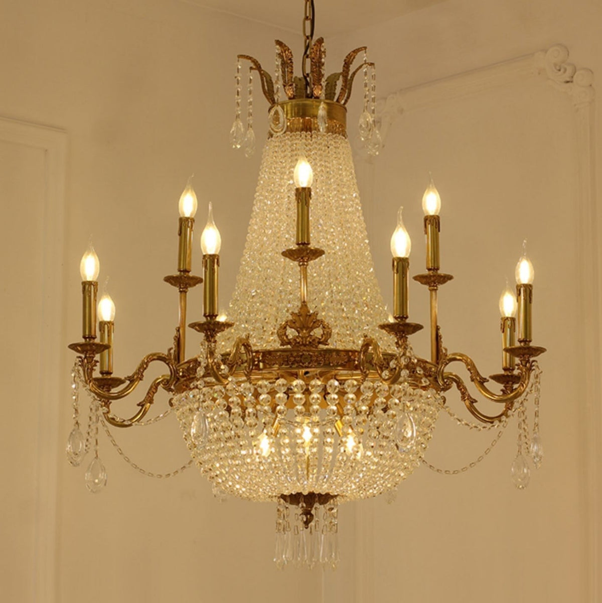 8/12/15 Lights Decorative Empire Brass Candles Crystal Chandelier Romantic Foyer Living Room Ceiling Light Fixture in Pure Copper Finish-Grace Lamp