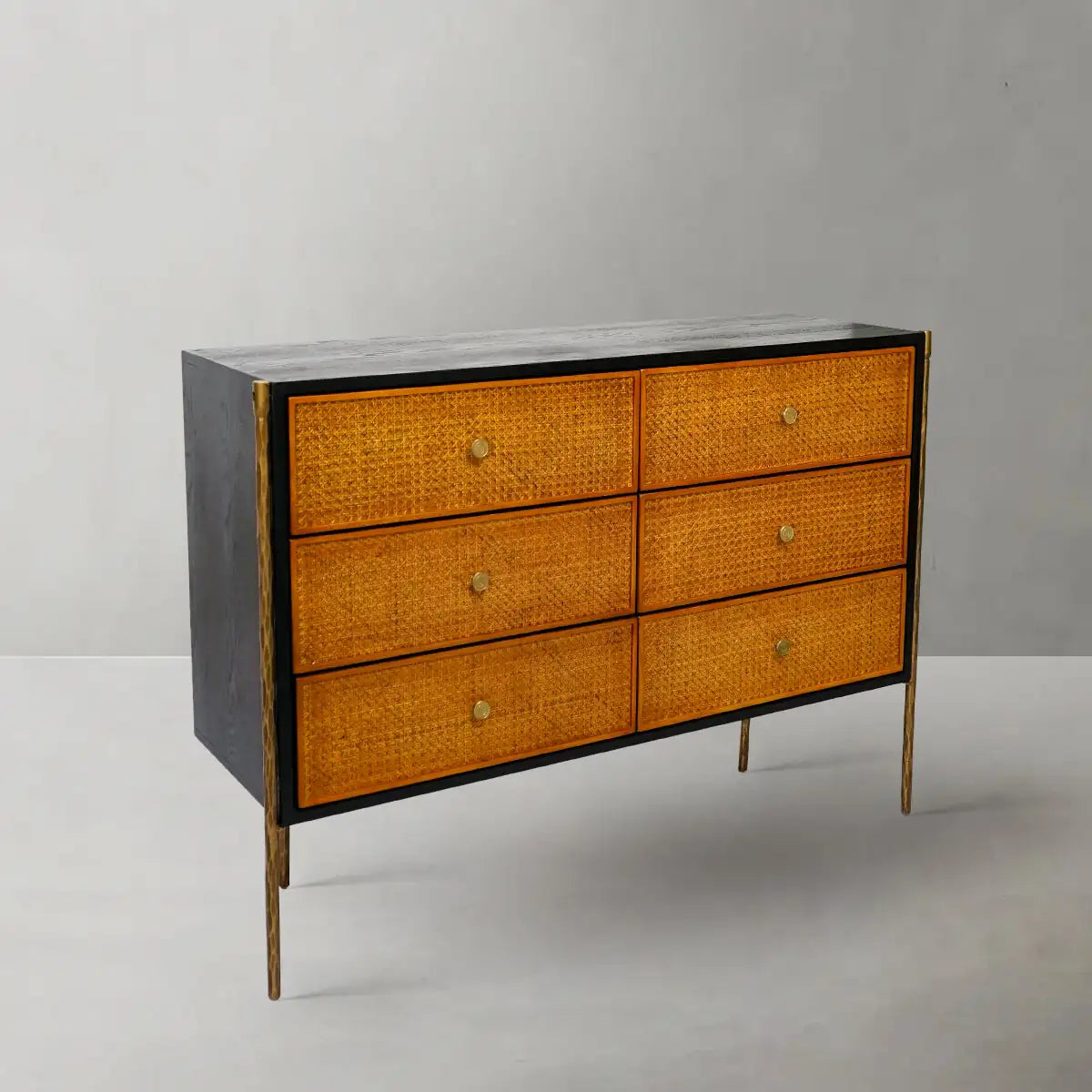 Hand-Forged Metal Frame Rattan 6-Drawer Side Cabinet - Grace Lamp