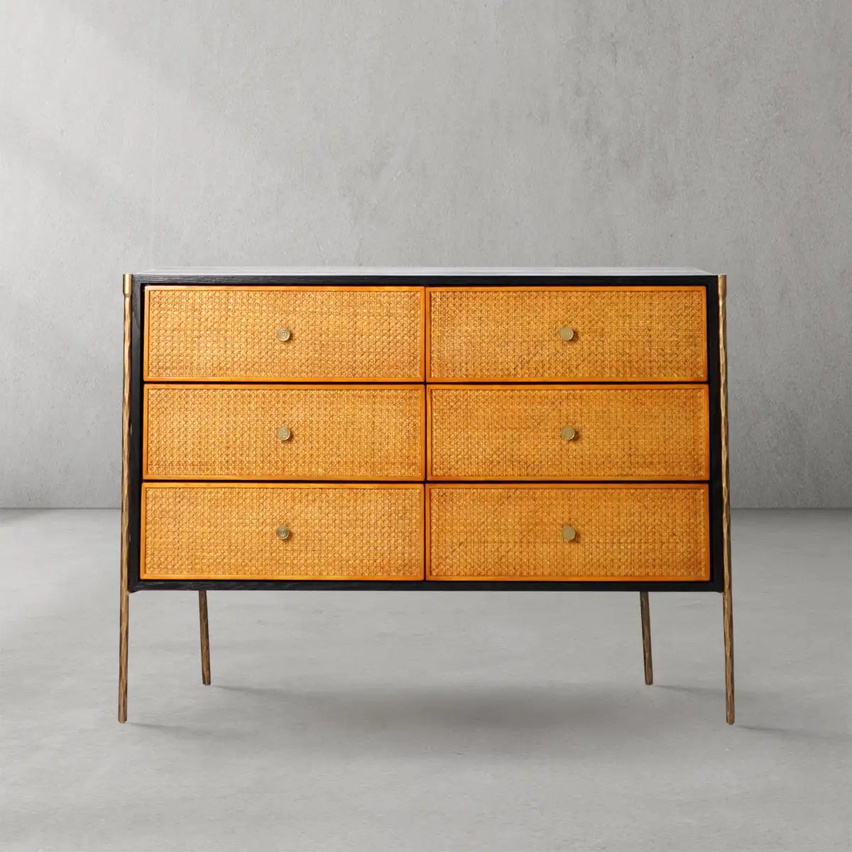 Hand-Forged Metal Frame Rattan 6-Drawer Side Cabinet - Grace Lamp