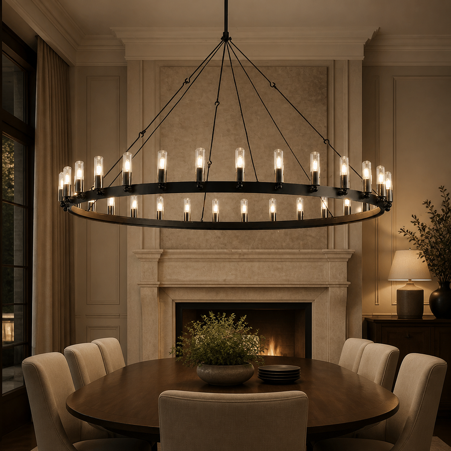 Large ring chandelier above a warm, refined dining setting