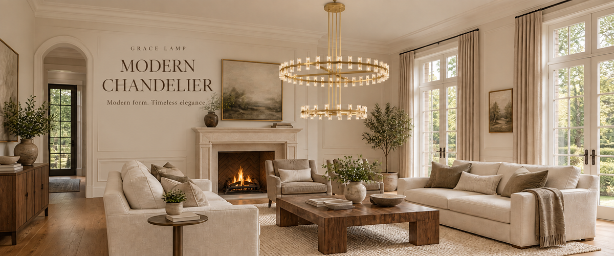 Modern brass chandelier in a serene, sunlit living room