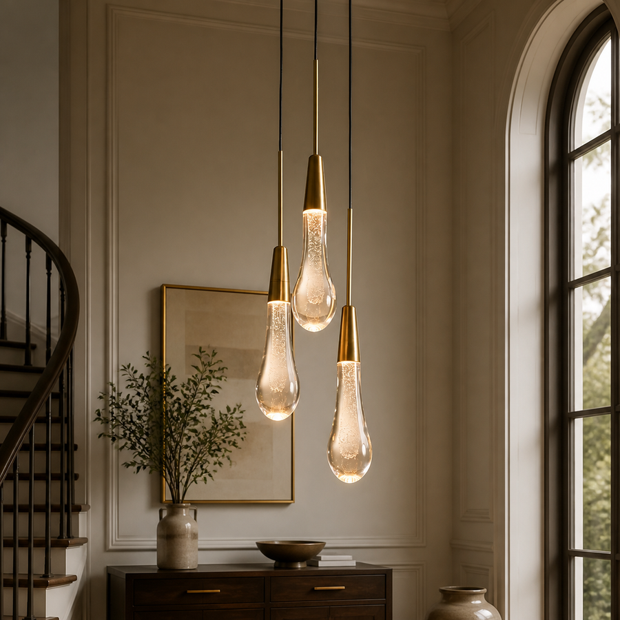 Sculptural pendant lighting in an elegant entryway