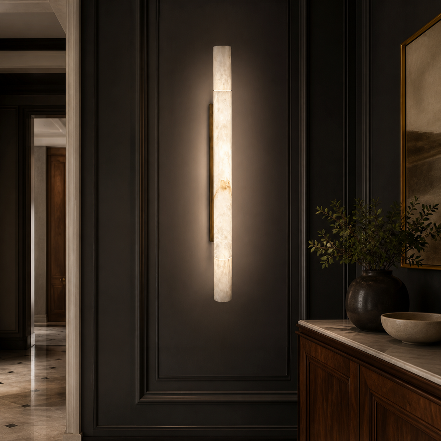Wall lighting inspiration with warm stone and wood finishes